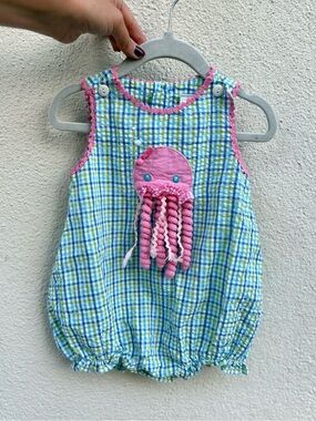 ZU Infant Girls 6M Pink Jellyfish Applique Gingham Baby Romper